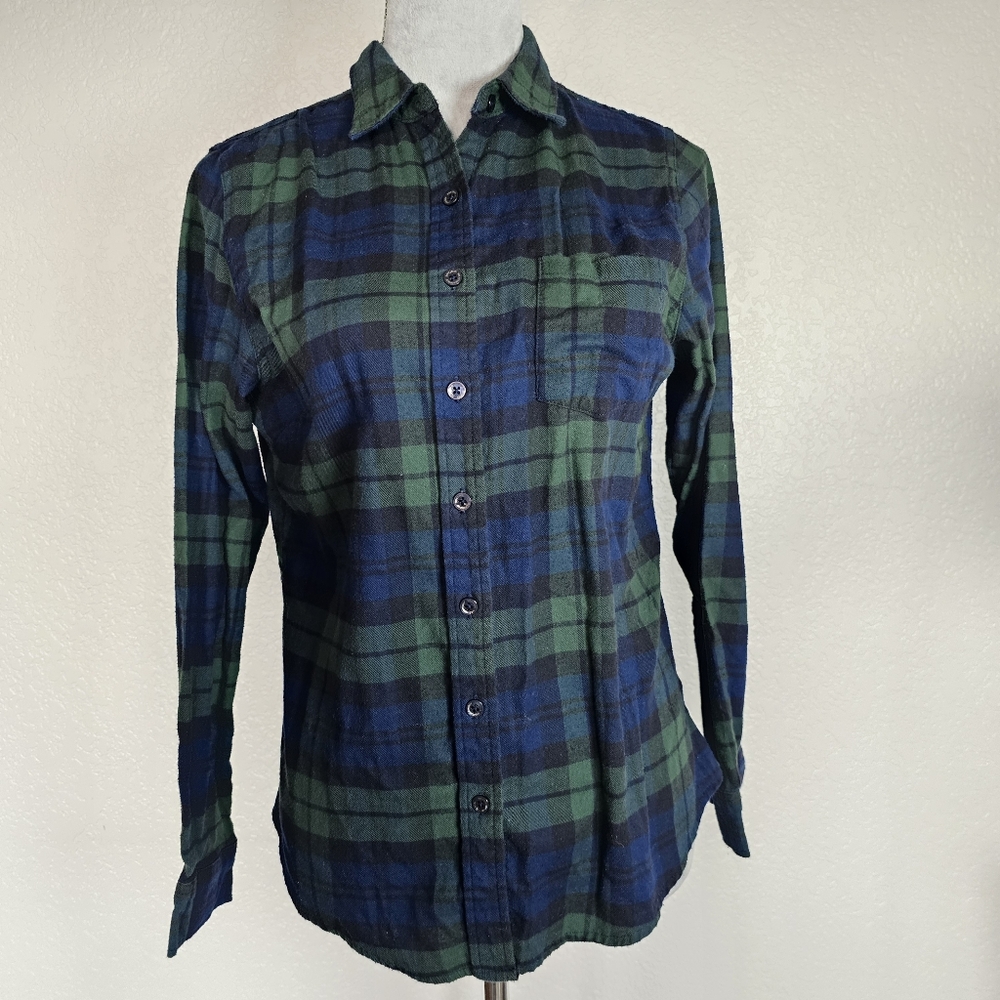 Weatherproof Navy Blue & Green Plaid Comfort Stretch Flannel  Button-Up Shirt S
